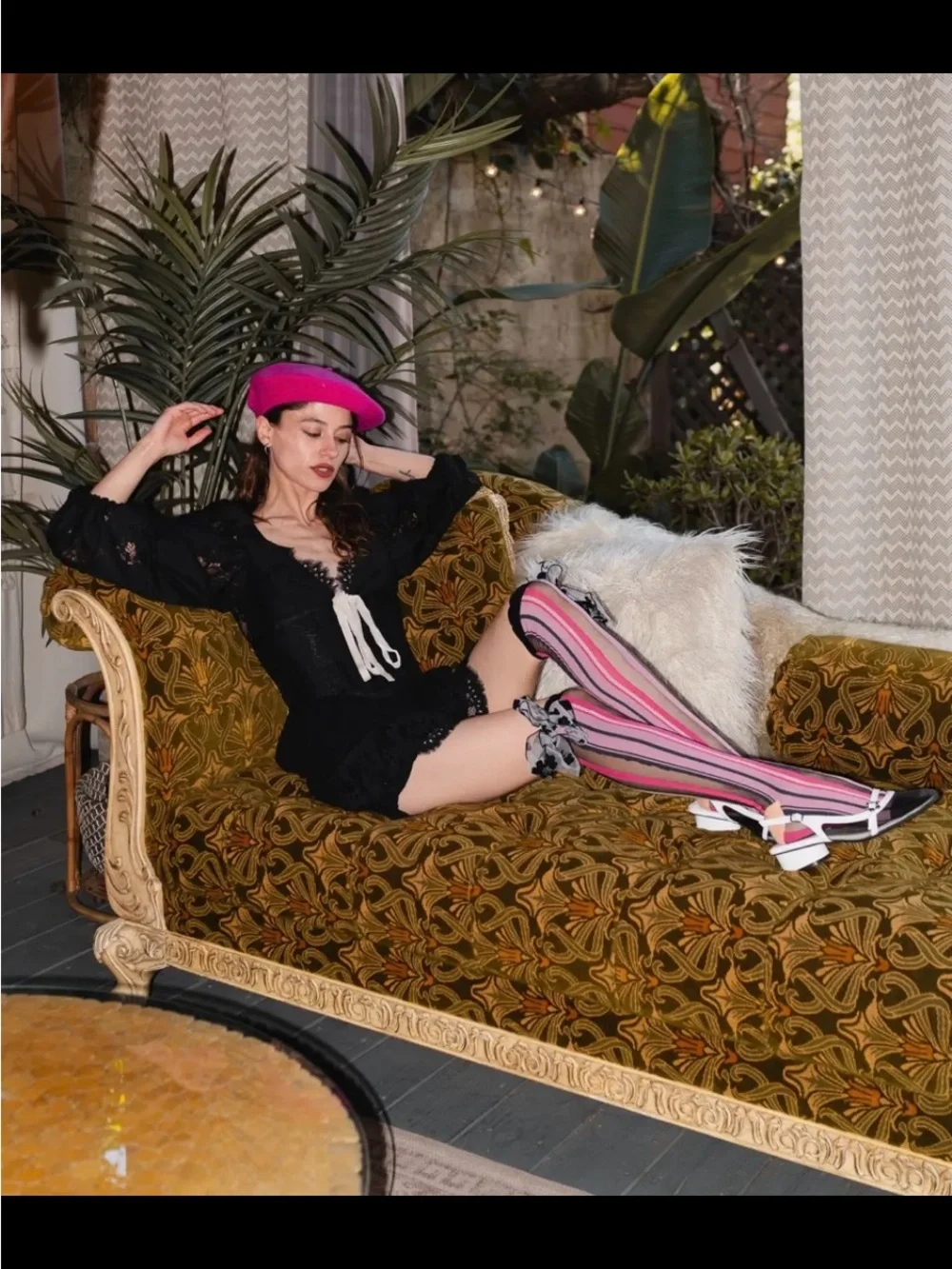 Sock Candy Parision Pink Striped Knee-High Socks with Floral Bow Accent.